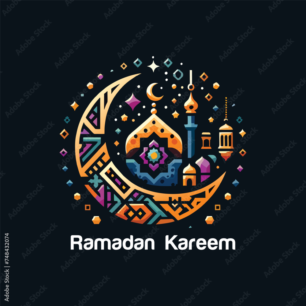 Ramadan Kareem with popular iconic symbol using in design, cresent, lantern, mosque. Simple, colorful and minimal design. 