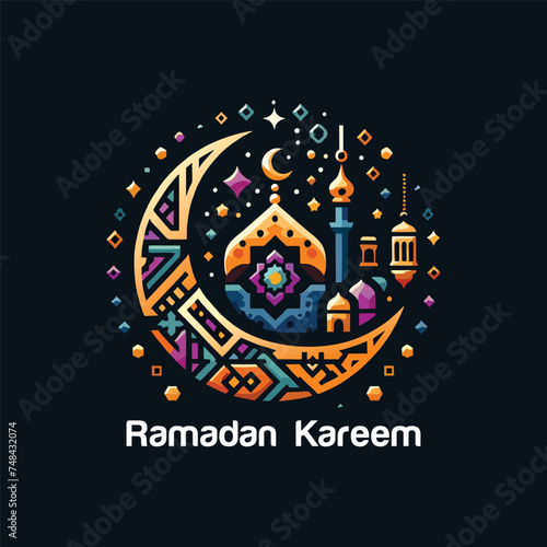Ramadan Kareem with popular iconic symbol using in design, cresent, lantern, mosque. Simple, colorful and minimal design. 