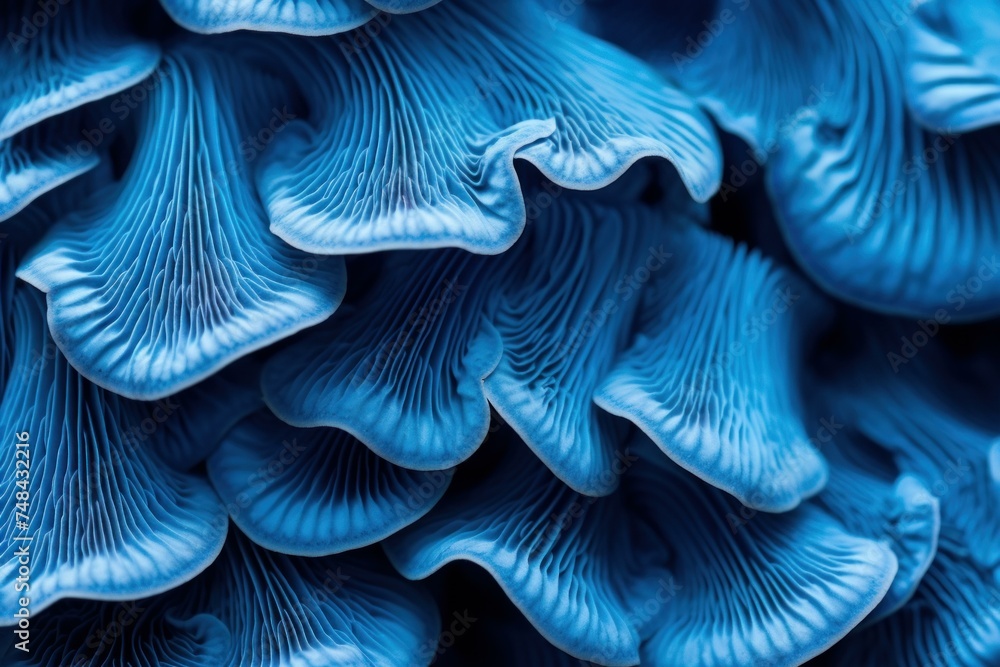 Vibrantly-hued Blue mushroom closeup background. Water glow. Generate Ai - obrazy, fototapety, plakaty 