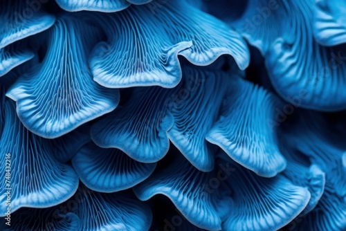 Vibrantly-hued Blue mushroom closeup background. Water glow. Generate Ai