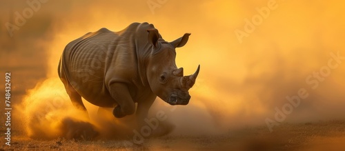 Majestic rhino charging through a dry and dusty African savannah landscape