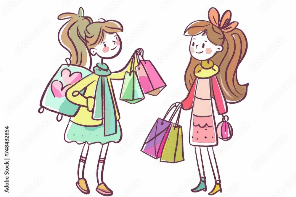 Cartoon cute doodles of girls shopping together, trying on colorful outfits and accessories, Generative AI