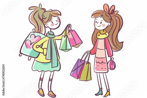 Cartoon cute doodles of girls shopping together, trying on colorful outfits and accessories, Generative AI
