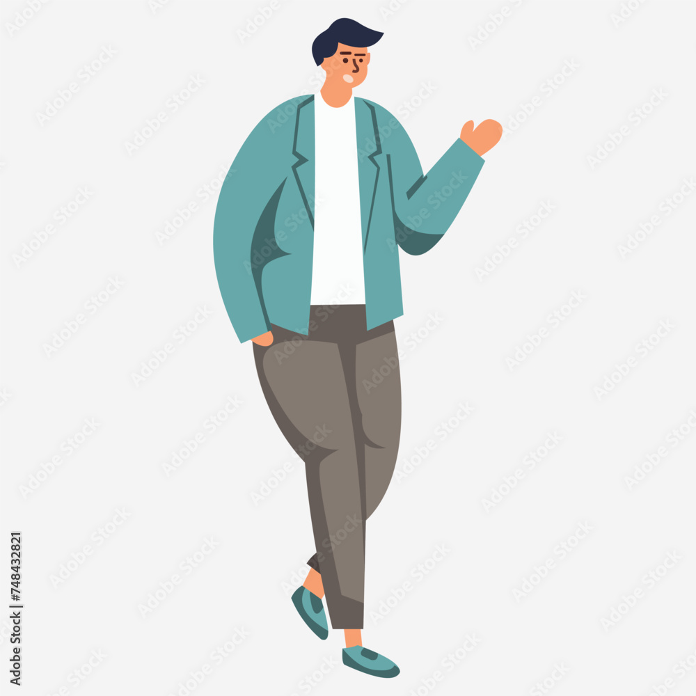 vector illustration of a male character dressed fashionably with his right hand in his pocket and his left hand raised upwards
