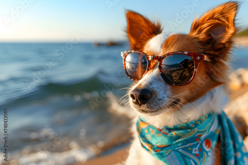 Funny dog with sunglasses and a bright neckerchief on the background of the sea coast. Summer vacation at sea © Olga