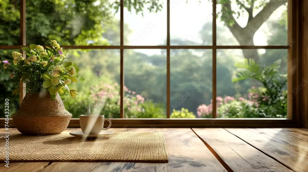 Coffee cup in a room with window and flowers. Seamless looping time-lapse 4k video animation background Coffee cup in a room with window and flowers. Seamless looping time-lapse 4k video animation background