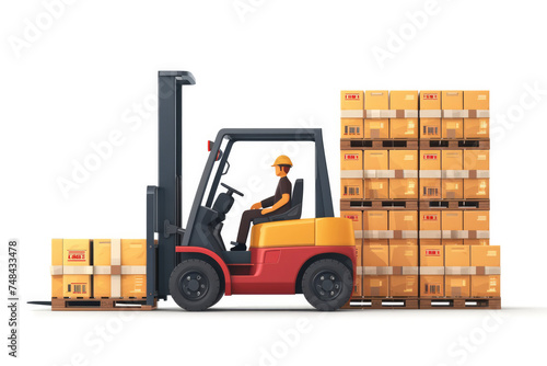 Forklift working with cargo container and product carton box isolate on white background for shipping and transportation concept