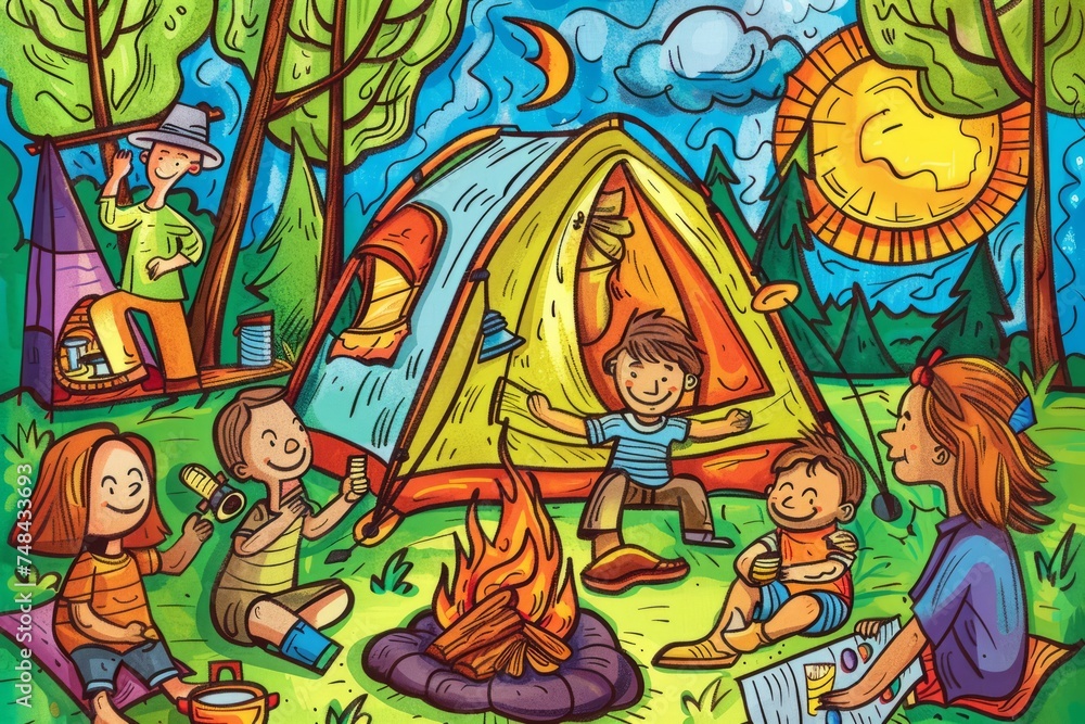 Cartoon cute doodles of Family camping in the backyard, Generative AI