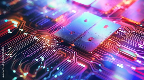 Futuristic microchip processor with lights on bokeh background, big data connection technology concept with digital chip components photo