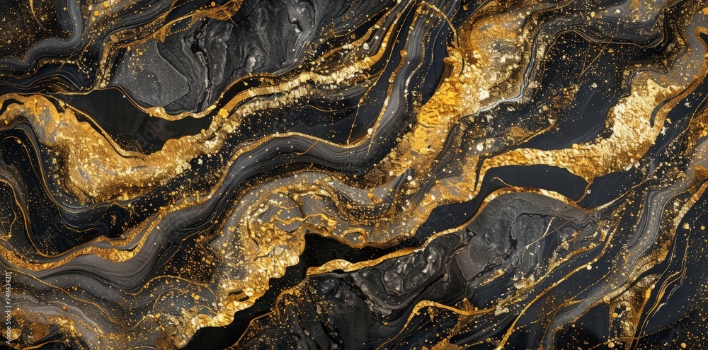 Fototapeta premium A black and gold marble with intricate gold accents swirling around its surface, creating a luxurious and opulent appearance.