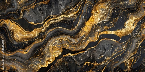 A black and gold marble with intricate gold accents swirling around its surface, creating a luxurious and opulent appearance. © pham