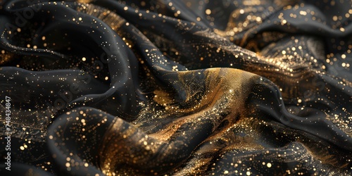 Abstract black silk sheet gold glitter weave of cotton or linen satin fabric lies texture background.