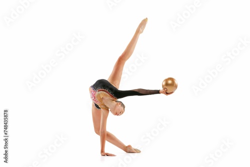 Portrait Young Sportive Girl Rhythmic Gymnastics Artist Training Isolated White Studio Background