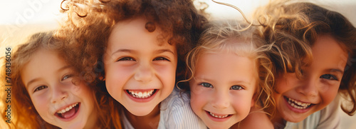 Portrait of joyful kids with bright smiles and curly hair, glowing in warm sunlight, playful childhood moments