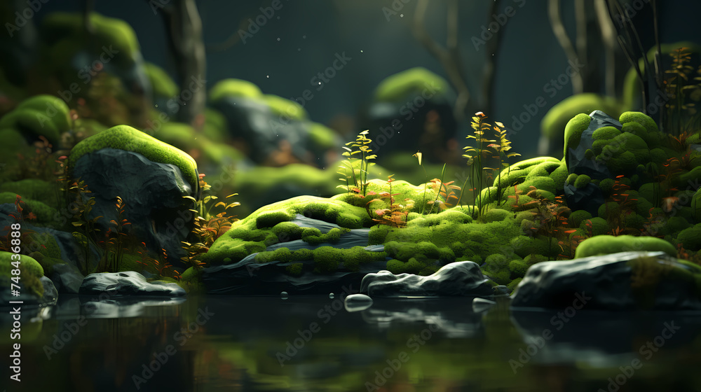 Green moss on rocks in fertile nature background forest