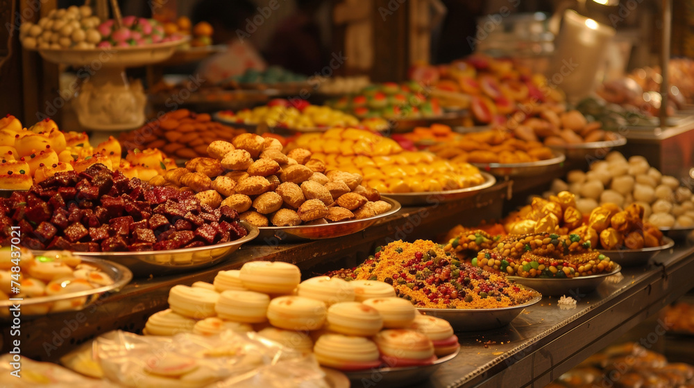 The aroma of traditional Indian sweets such as laddoos and jalebis fills the air tempting taste buds.