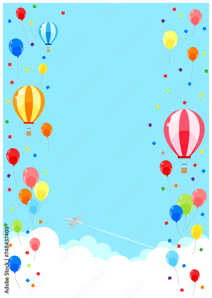 風船、気球、背景、イラスト、かわいい、縦型、雲の上