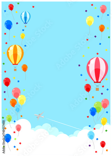 風船、気球、背景、イラスト、かわいい、縦型、雲の上