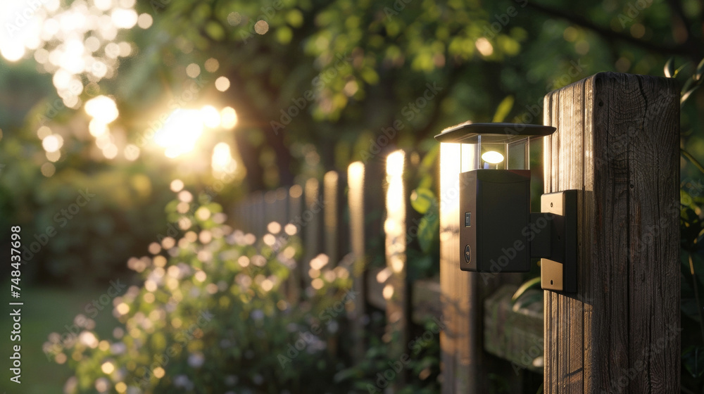 A compact and versatile motion sensor light with an adjustable head mounted on a wooden fence post. - obrazy, fototapety, plakaty 