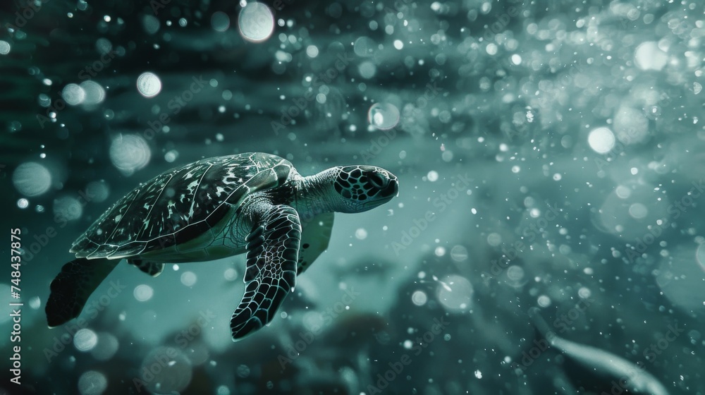 Obraz premium A sea turtle glides effortlessly through a sea of ling otherworldly specks drawn towards the unknown depths where the secrets of marine snow reside.