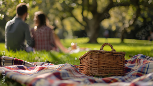 Um casal desfrutando de um piquenique ensolarado em um parque com cesta de vime e manta quadriculada photo