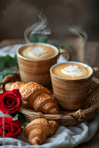 Two cappuccino cups on table, wicker basket with croissants.