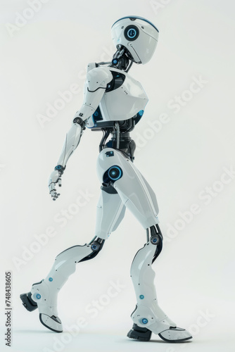 Design a futuristic white robot, white and blue.