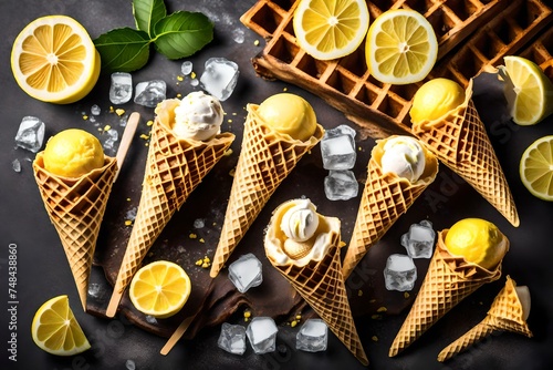 Refreshing ice cream in waffle cones with lemon flavour