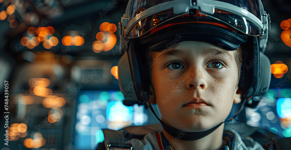 a young boy preparing for a flight at home in vritual reality. The backdrop is a replica of the interior of a plane. a young boy preparing for a flight at home in vritual reality. The backdrop is a replica of the interior of a plane.