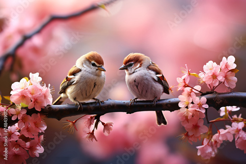 Cute little sparrow sitting on a cherry blossom branch © wendi