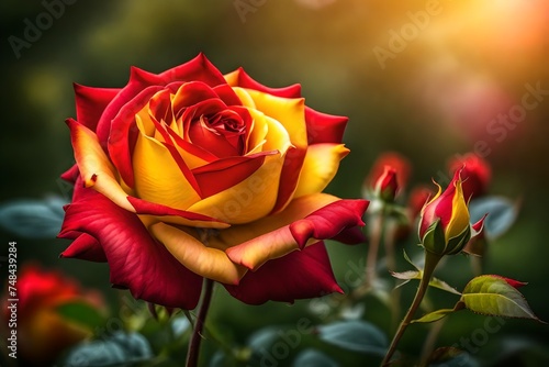 A macro shot of a red and yellow Hybrid tea rose, with its vibrant petals and leaves in the background. This annual terrestrial plant belongs to the Rose order,