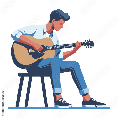 Musician man playing guitar acoustic vector illustration, male guitarist performing music, String instrument player design template isolated on white background