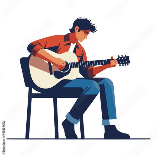 Musician man playing guitar acoustic vector illustration, male guitarist performing music, String instrument player design template isolated on white background