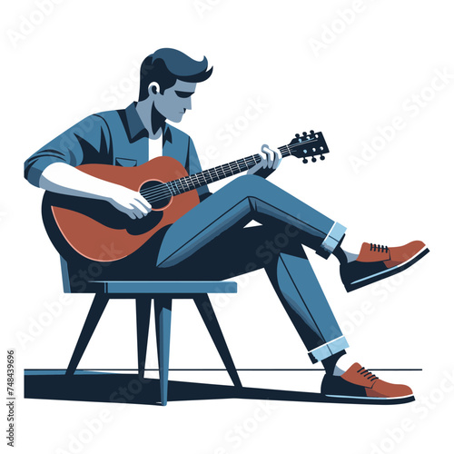 Musician man playing guitar acoustic vector illustration, male guitarist performing music, String instrument player design template isolated on white background