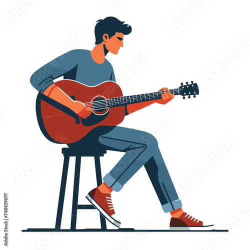 Musician man playing guitar acoustic vector illustration, male guitarist performing music, String instrument player design template isolated on white background