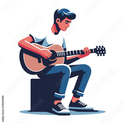 Musician man playing guitar acoustic vector illustration, male guitarist performing music, String instrument player design template isolated on white background