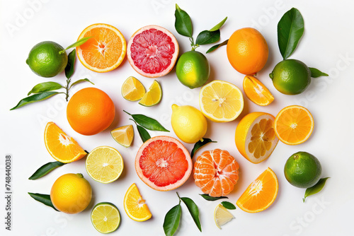 A vibrant assortment of citrus fruits arranged artfully on a pristine white background