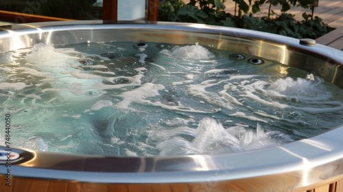 The shiny surface of the hot tubs stainless steel or fibergl exterior reflecting its surroundings. © Justlight
