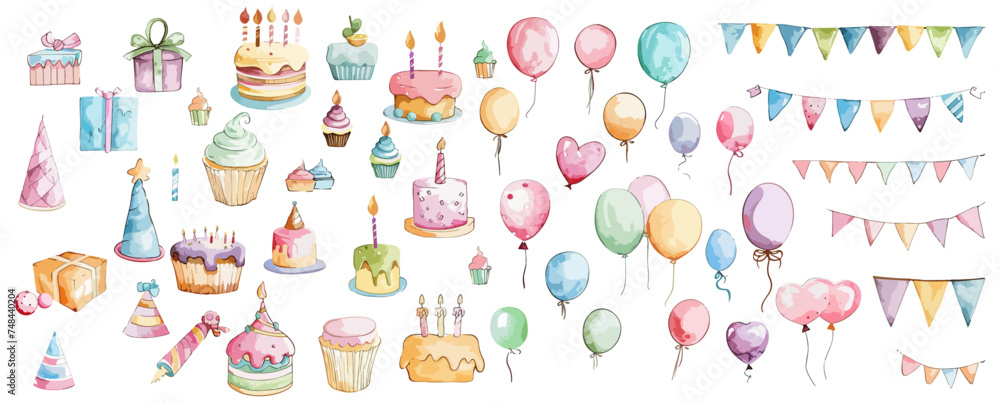 set of birthday party elements watercolor vector illustration isolated on transparent background.