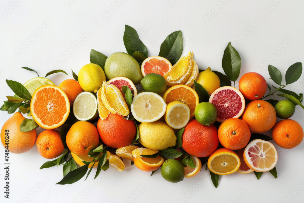 A vibrant assortment of citrus fruits arranged artfully on a pristine white background