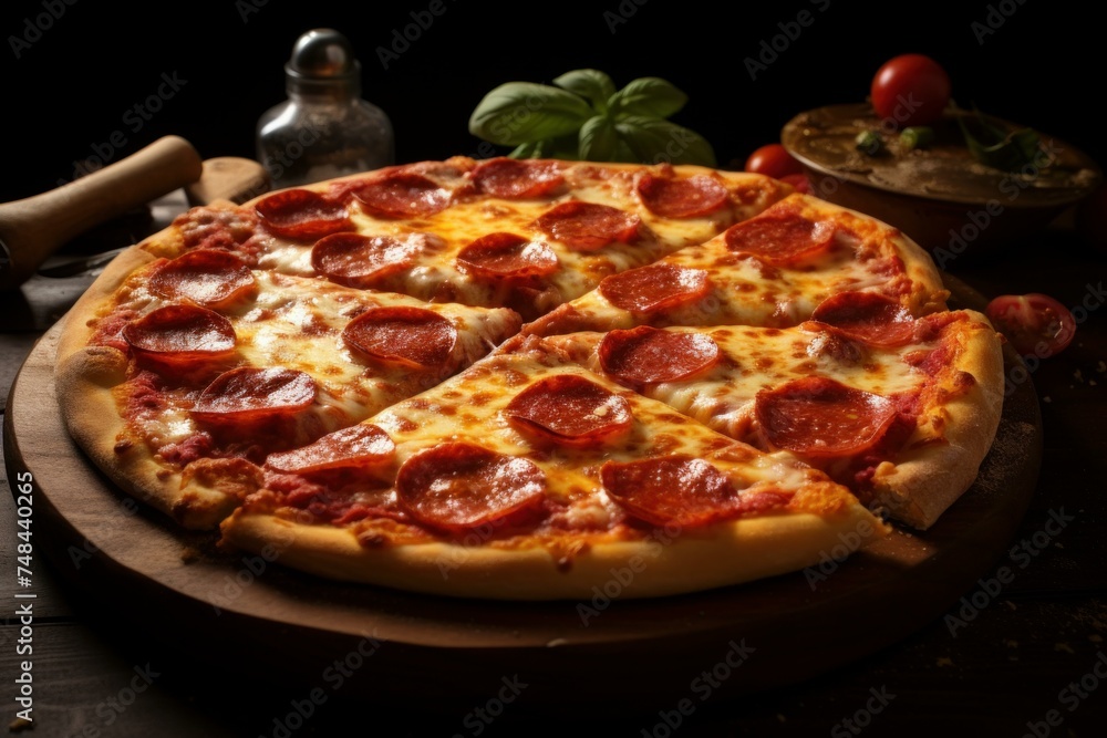 Delicious Pizza pepperoni italian table. Tasty food. Generate Ai