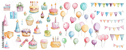 set of birthday party elements watercolor vector illustration isolated on transparent background.