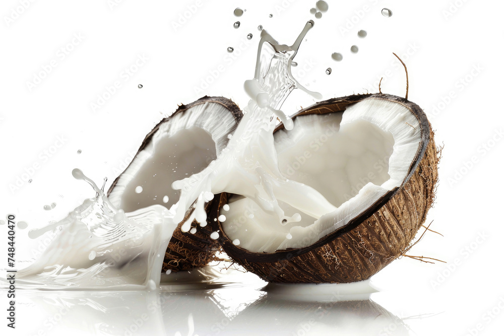 A fresh coconut cracked open, revealing its milk and flesh - obrazy, fototapety, plakaty 