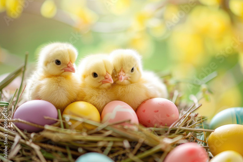 Three adorable Easter chicks huddled together in a nest, surrounded by colorful eggs