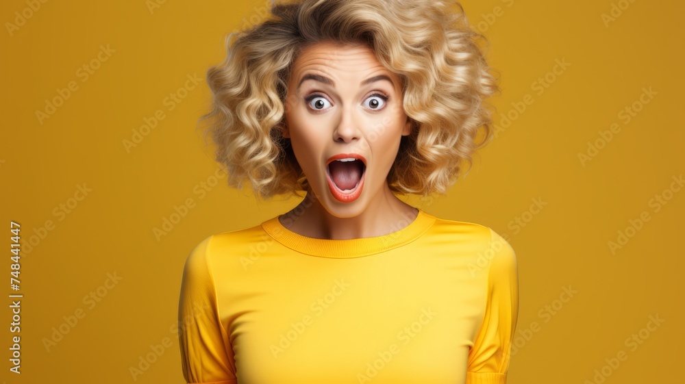 surprised woman with open mouth on yellow background surprised woman with open mouth on yellow background