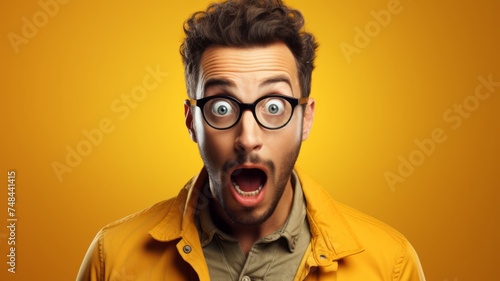 Shocked man with glasses in yellow outfits on a yellow background © thanakrit