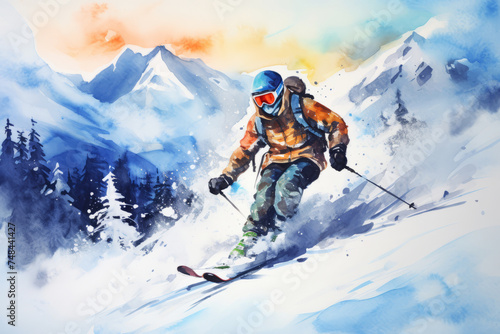 Skier in Action on Snowy Mountain Slope