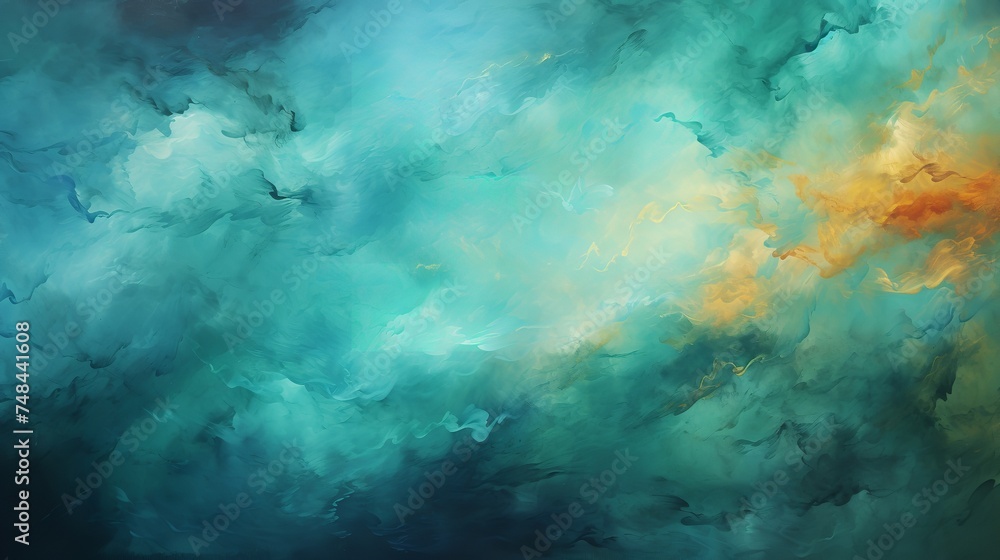 This mesmerizing and otherworldly abstract digital art depicts a turquoise and gold sky. The sky is smooth and flowing, and it appears to be in constant motion.
