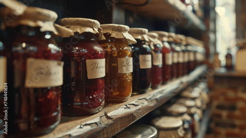 A shelf lined with jars of homemade jams and jellies with handwritten labels and a rustic country feel.
