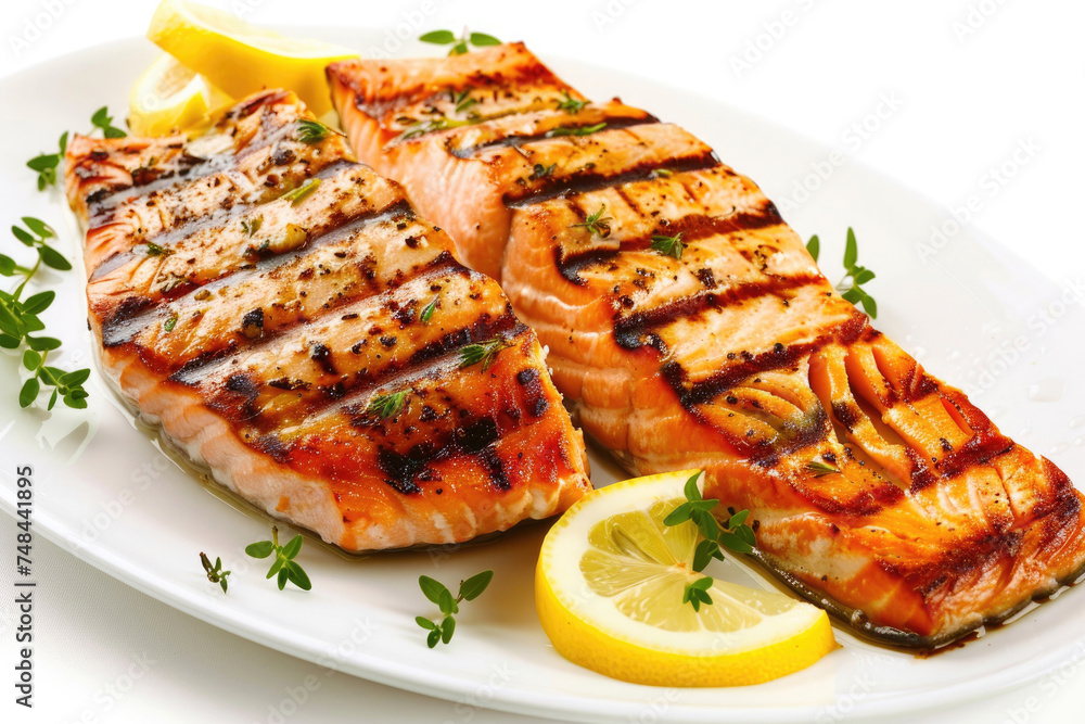 A succulent grilled salmon fillet served on a white plate against a clean white background